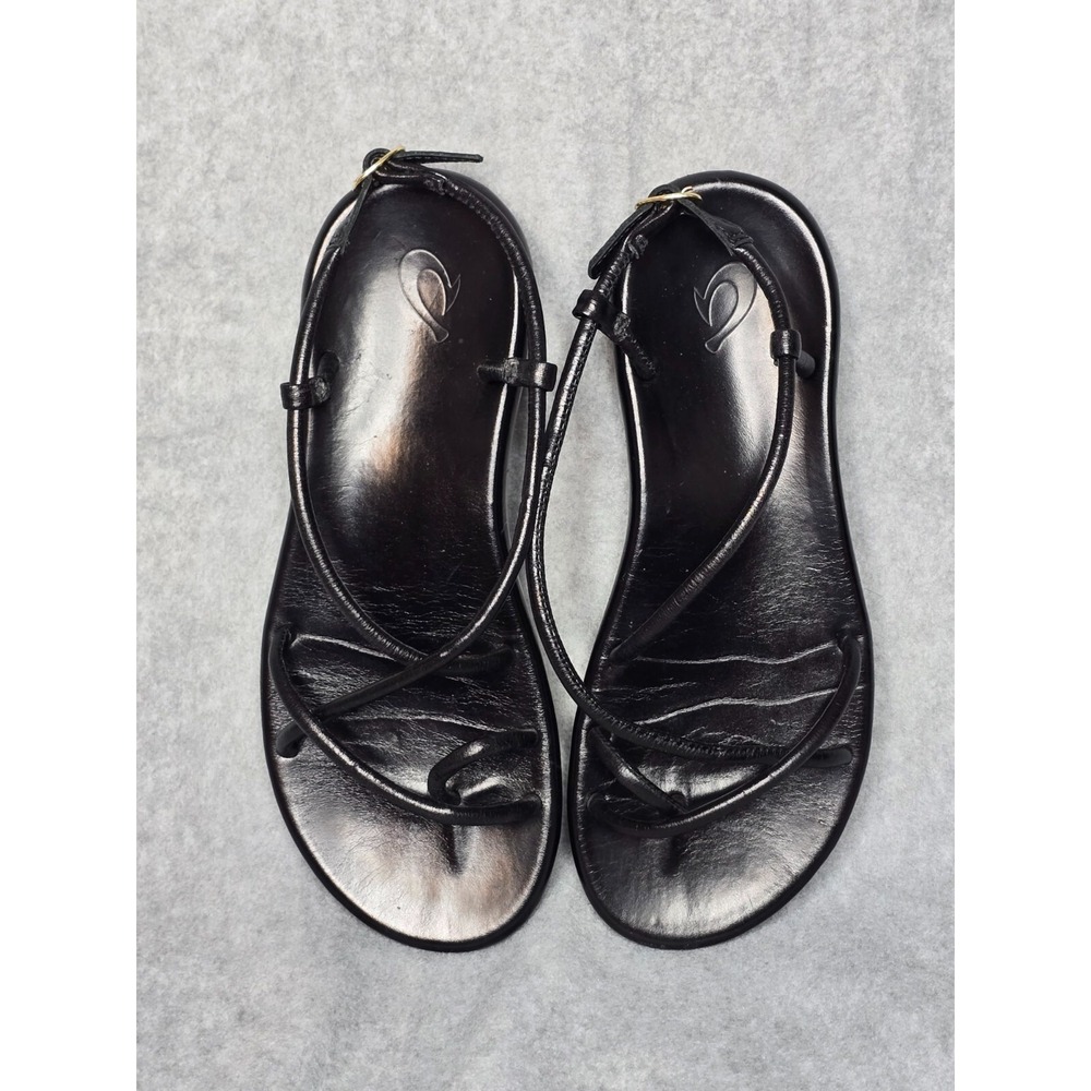 OluKai Womens Black Leather Sandals Size 9.5 Strappy Thong‎ Flat Comfort Waiau